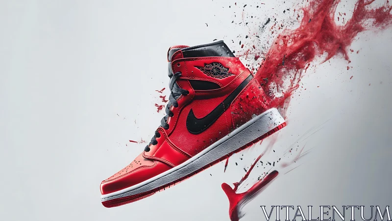 Dynamic red sneaker bursts forward in high-energy motion art