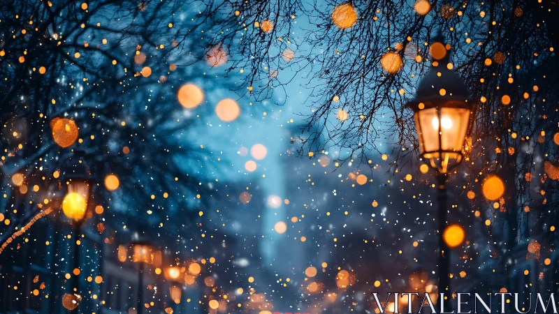Photorealistic winter street with lamplight bokeh overlay.