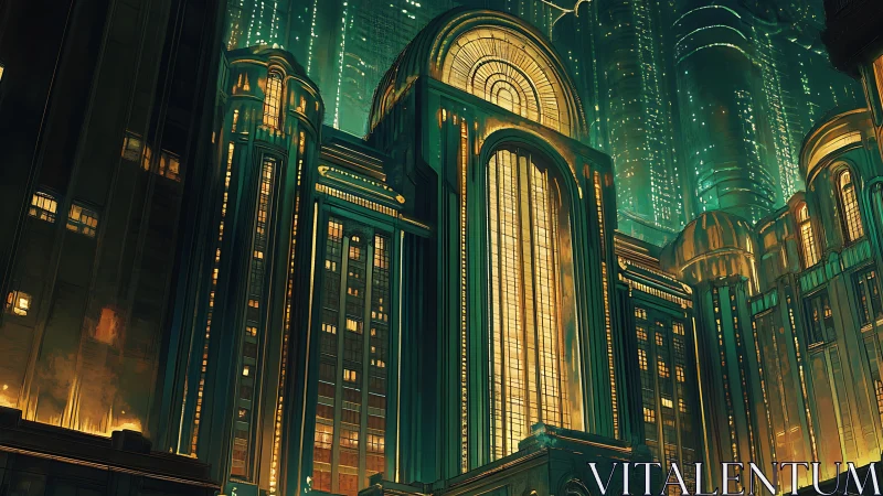 Art Deco Skyscrapers Illuminated at Night.