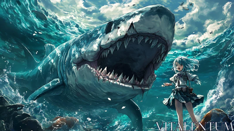 Colossal shark charges anime girl amid storming surf.