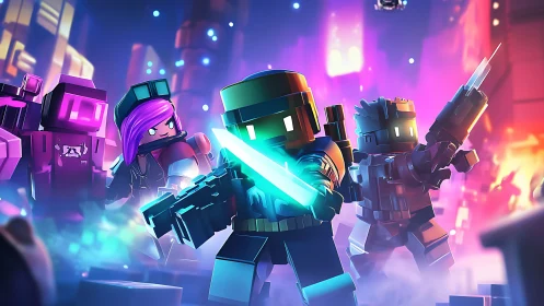 Blocky sci fi warriors advance through neon city battle scene