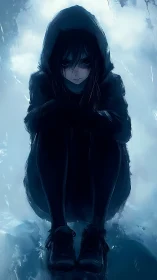 Moody anime portrait of hooded figure in cold blue chiaroscuro.