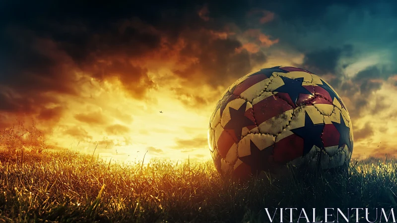 Weathered patriotic soccer ball rests under dramatic sunset sky