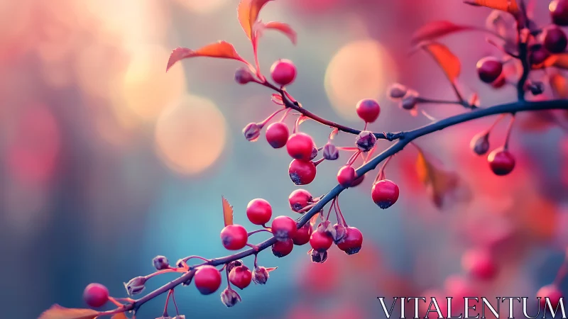 Sunlit red berries glow against a dreamy pastel bokeh
