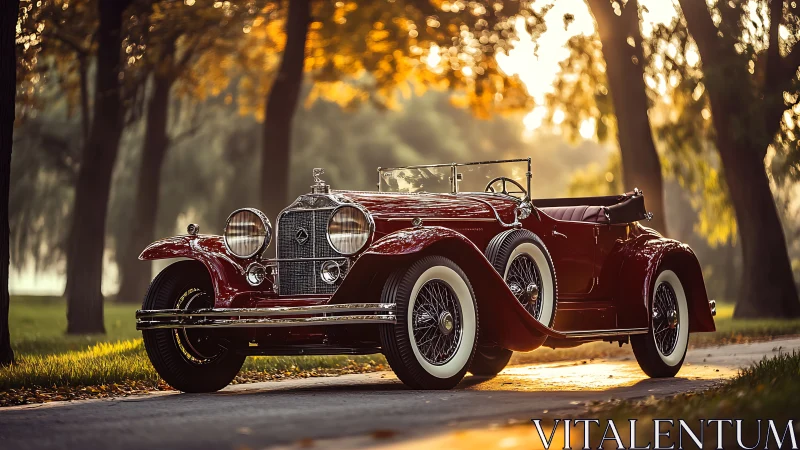 Vintage roadster with chrome detailing in autumn backlight.