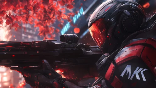Armored sci-fi sniper steadies aim beneath red cyber petals.