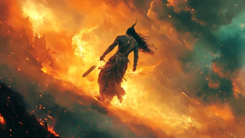 Fire warrior strides through molten storm horizon.