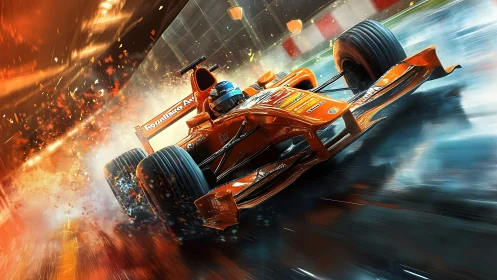 Roaring orange Formula racer charging through wet night.