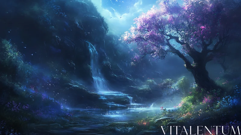 Enchanted forest cascade illuminates a luminous blossom tree