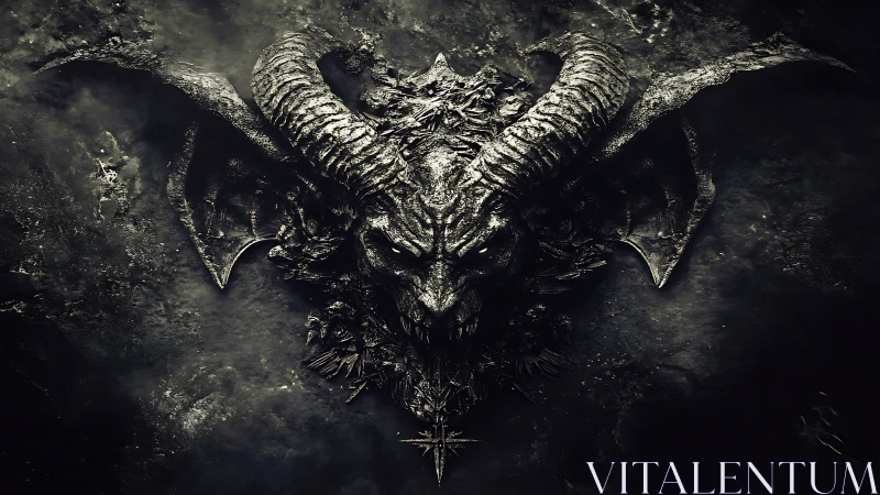 Demonic horned skull relief emerges from dark textured stone