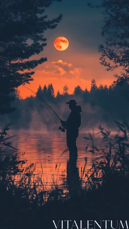 Lone angler courting moonlit reflections on ember lake.