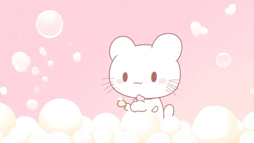 Minimal line-art mouse mascot in pastel bubble environment