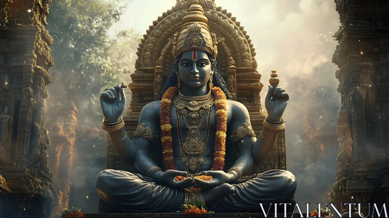 Highly detailed blue deity sculpture anchors symmetrical temple axis