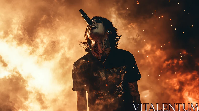 Vocalist silhouetted against intense fiery stage backdrop.