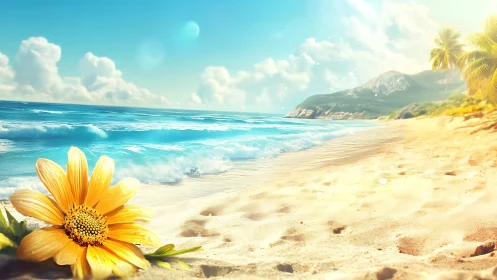 Golden flower on tropical beach under bright sun.