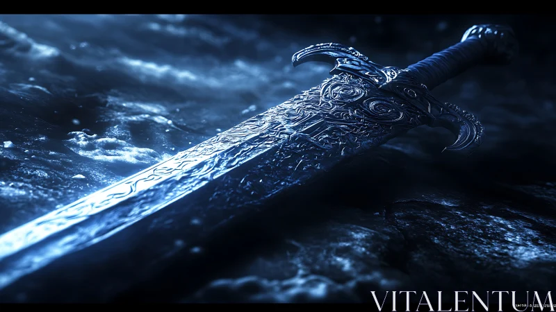 Enchanted frostblade rests upon a moonlit frozen ground