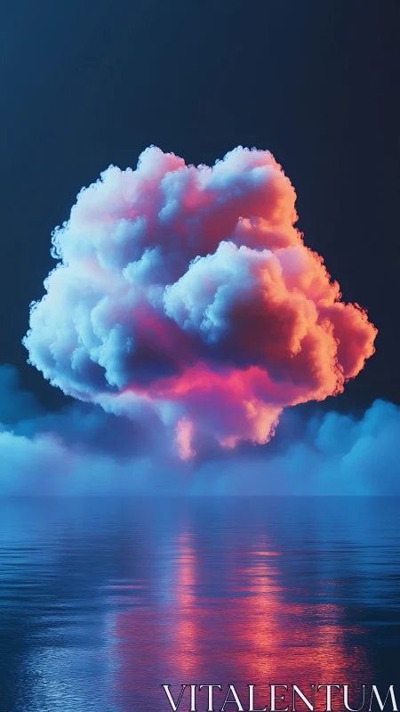 Volumetric nebula cloud hovering above reflective ocean plane.