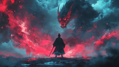 Storm-lit samurai faces infernal dragon in roaring neon skies.