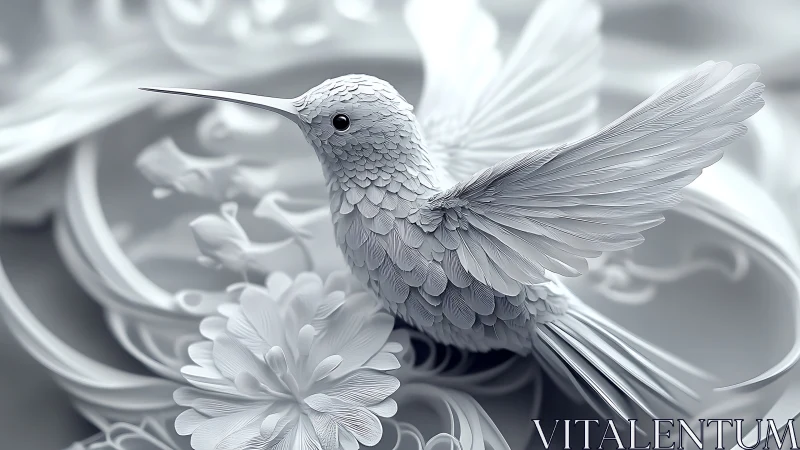 Monochrome hummingbird sculpted in intricate paper relief.