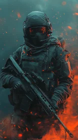 Armored tactical operative stands amid embers in teal-orange haze