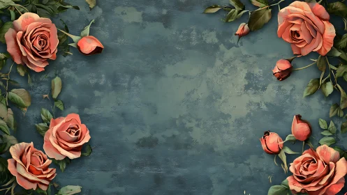 Coral roses arranged on weathered blue surface.