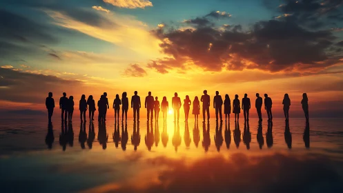 Silhouettes stitch a glowing horizon into reflective water