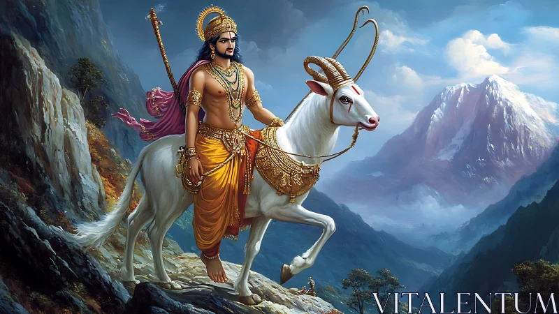 Warrior deity on ornate white ram traverses misty Himalayas