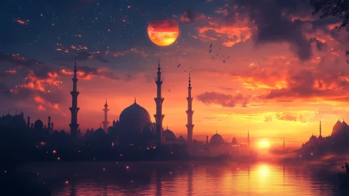 Dome and minaret skyline under red moon at sunset.