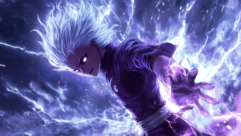 Electrified anime sorcerer unleashes violet energy surge