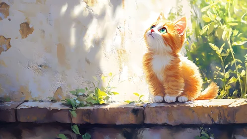 Curious orange kitten gazes into warm afternoon sunlight