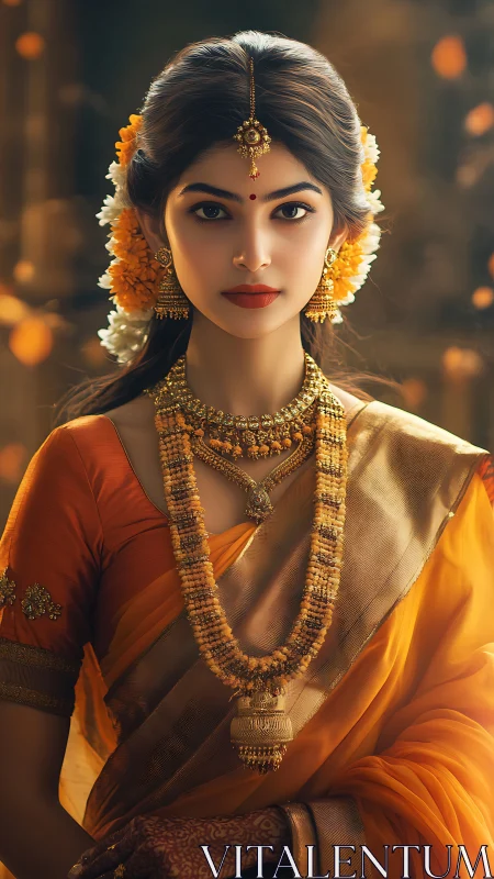 Golden marigold whispers crown a serene bridal gaze