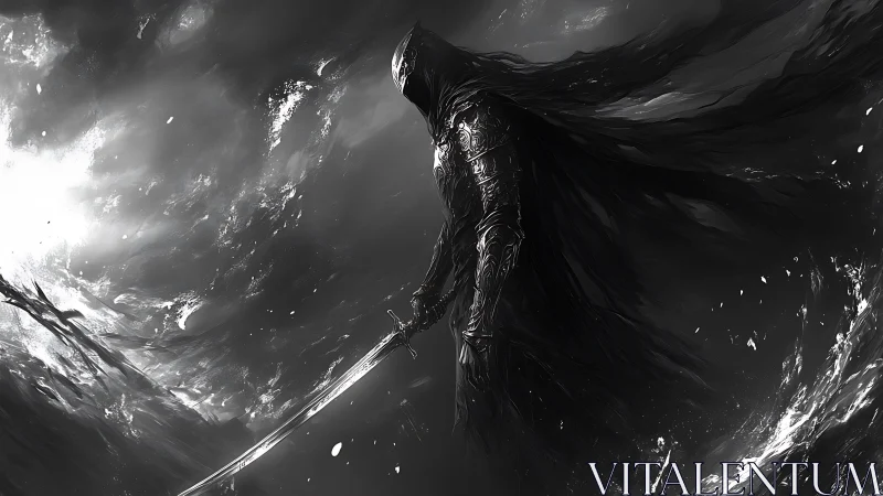 Dark warrior drifting through swirling stormlight.