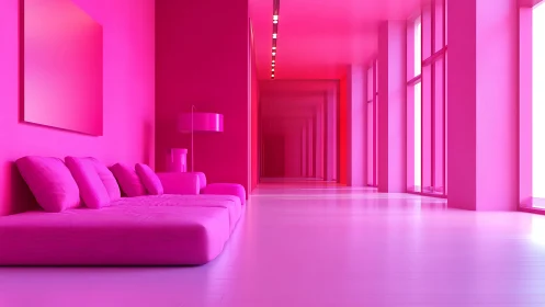 Monochrome pink lounge in long minimalist corridor.