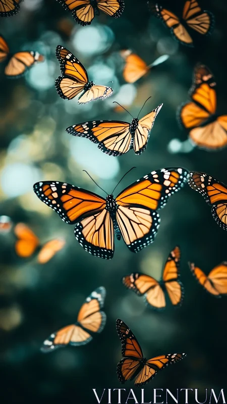 Monarch butterflies in shallow focus bokeh flight study