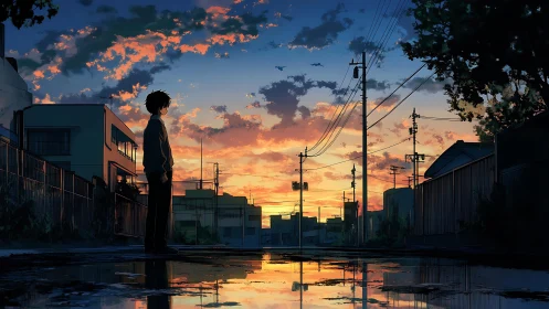 Solitary boy contemplates a vivid twilight city street.