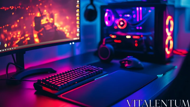 Neon gaming setup glows with colorful lights and cozy focus