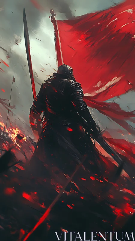 Armored warlord under tattered crimson battle standard