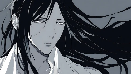 Monochrome anime portrait shows long-haired figure in profile