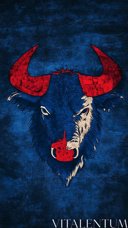 Bold bull head illustration in red and blue on dark ground.