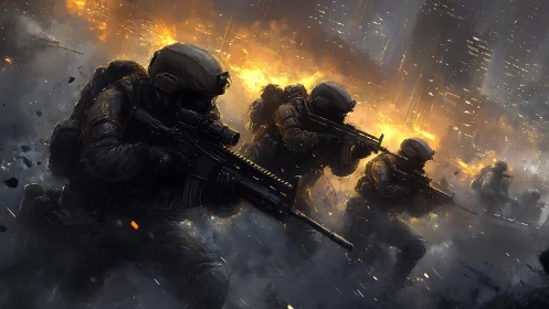 Digital painting of tactical squad advancing through firestorm.