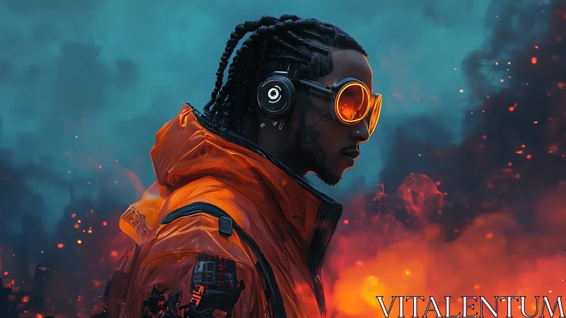 Neon-clad cyber hero walks through burning futuristic cityscape