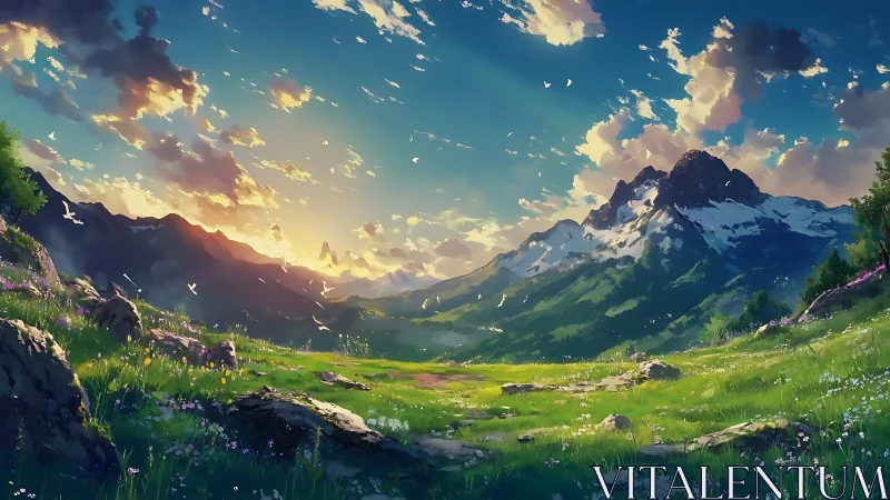 Sunlit alpine valley with wildflowers and distant peaks.