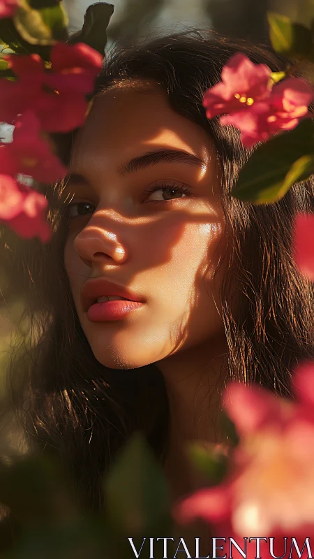 Side-lit portrait amid florals with sculpted shadow geometry.