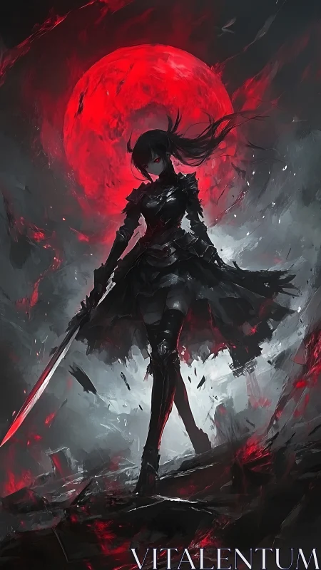 Armored swordswoman silhouette before large red moon.