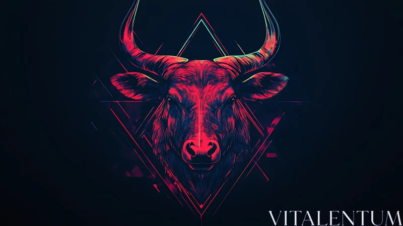 Neon bull head illustration centered on dark geometric background
