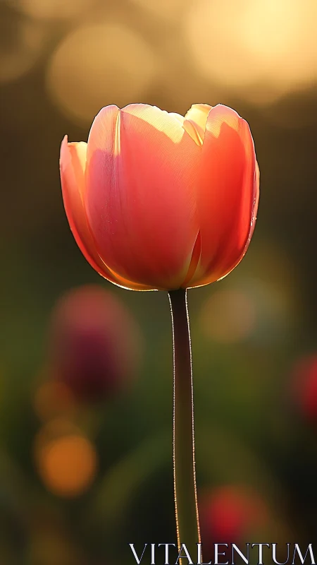 Backlit tulip closeup under warm golden evening light.