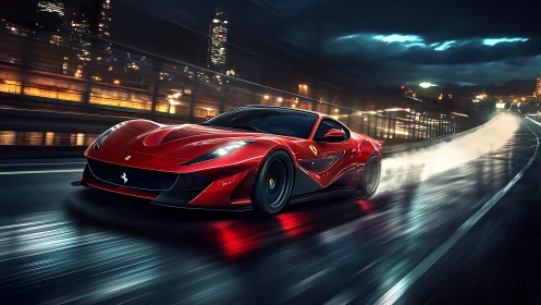 Red supercar racing on wet city highway at night scene.