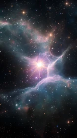 Radiant newborn star glows softly within drifting cosmic dust