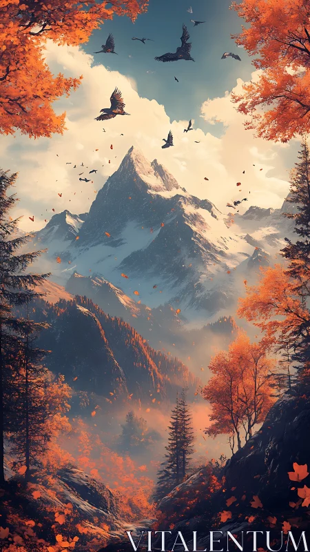 Snow-covered mountain rises above forested autumn valley