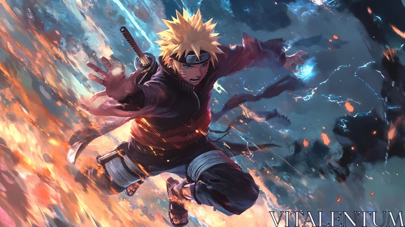 Dynamic blond ninja in midair elemental battle scene.